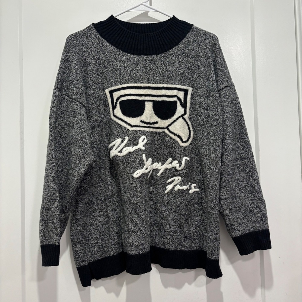 Karl Lagerfeld Paris Grey Marl Graphic Logo Knit Sweater XL